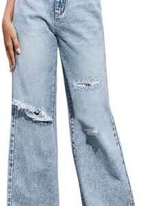 Women’s Ripped Jeans High Waisted Flared Jeans Wide Leg Destroyed Denim Pants Baggy Loose Long Trouser Jeans