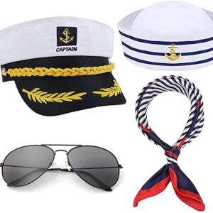 Yacht Captain Hat Sailor Ship Cap Scarf Sunglasses Sailor Hat Boat Costume For Men Women Captains Dressing up Party (4pCS set)