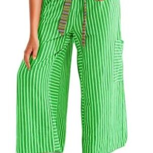 Women Drawstring Stripe Wide Leg Casual Trousers Striped Low Rise Casual Loose Pyjamas Lounge Pants with Pockets