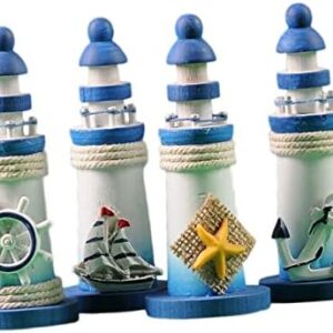 4pcs Mini Lighthouse Ocean Lighthouse Decor Desk Topper Lighthouse Decor for Home Coastal Beach Decor Nautical Ornaments Nautical Tabletop Figurine Lighthouse Table Wooden Blue