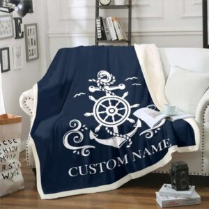 Erosebridal Nautical Anchor Sherpa Blanket, Custom Name Ocean Sailboat Navy Blue Throw Blanket Queen Size for Kids Teens Adult, Coastal Compass Fleece Blanket, Blue Ocean Theme Fuzzy Blanket Bedroom