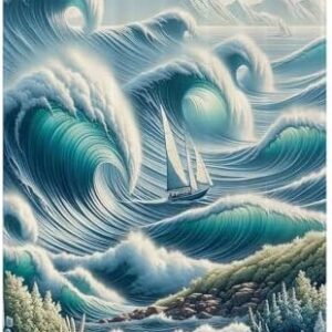 Nautical Blanket, Boat on Swirling Huge Waves and Grassy Ocean Shore Painting Effect, Lightweight & Warm, Perfect for Bed or Couch, Queen, Floral, 50" x 60" Green Teal and Blue