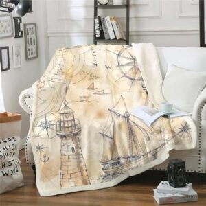 Erosebridal Vintage Nautical Throw Blanket for Couch Retro Compass Lighthouse Fleece Blanket, Old Sailing Boat Sherpa Blanket World Nautical Map Blanket, Grunge Beige Bed Blanket
