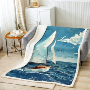 Feelyou Kids Ocean Sherpa Blanket Nautical Plush Blanket for Bed Sofa Couch Boys Girls Sailboat Printed Fleece Throw Blanket Sea Coastal Teens Fuzzy Blanket Bedroom Decor Baby 30"x40"