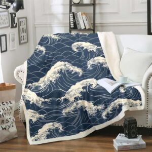 Erosebridal Navy Blue Ocean Wave Blanket Throw,Japanese Style Blankets Throws for Kids Adults,Marine Ocean Waves Fleece Blanket Nautical Room Decor,Asian Oriental Theme Blanket 90"x90"