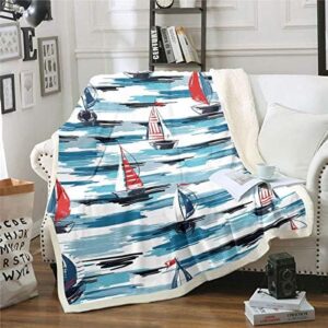 Sailboat Sherpa Blanket Sailboat Printed Fleece Throw Blanket Nautical Plush Blanket for Sofa Couch Bed Bedroom Decor Ocean Marine Themed Fuzzy Blanket Sea Adventure Queen 90x90 Inch