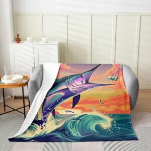 Feelyou Marlin Swordfish Flannel Fleece Throw Blanket Throw 50"x60" Ocean Fish Fuzzy Blanket for Nautical Fishing Hunting Nature Marine Animal Fish Hook All Season Bed Blanket Purple Plush Blanket