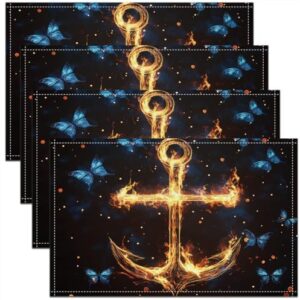 Erosebridal Nautical Anchor Placemats 12x18 Inch Set of 4, Fire Sailboat Navy Place Mats for Kids Boys Girls, Golden Blue Butterfly Heat Resisting Kitchen Table Mats, Ocean Theme Waterproof Placemats
