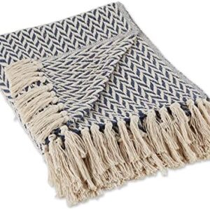 DII Modern Zig Zag Throw Blanket Woven Cotton, Hand-Knotted 2.5" Fringe, 50x60, Nautical Blue