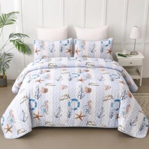 3 Pcs Coastal Quilt Set Queen Size - Summer Nautical Beach Theme Quilted Blanket Thin Reversible Microfiber Bedding Lightweight Soft Bedspread Coverlet Sets for All Season (1 Quilt, 2 Pillow Shams)