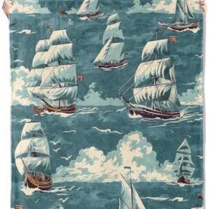 Nautical Ships Throw Blanket 50x60, Vintage Maritime Theme Blankets for Office or Study Room Home Decor, Antique Sailboat Nautical Gifts for Women Men