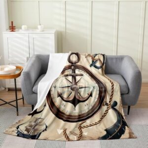 Erosebridal Vintage Anchor Blanket for Kids Teens,Brown Nautical Compass Throw Blanket Lightweight,Sailboat Fleece Blanket for Home Room Decor,Nautical Rope Knot Fuzzy Blanket Queen 90x90 Inch