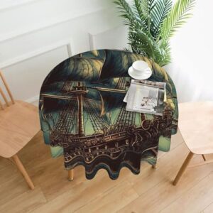 Round Tablecloth 60 Inch Stain and Wrinkle Resistant Washable Table Cover Nautical Vintage Sailing Pirate Ship Kitchen Table Cloth for Dinning Room Kitchen Picnic Patio Party Decor