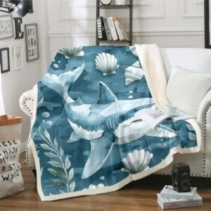 Shark Throw Blanket Baby 30X40,Watercolor Shark Shell Bed Blanket for Kids Boys Girls Bedroom,Nautical Ocean Fleece Blanket,Marine Life Sea Animals Sherpa Blanket Soft Warm,Light Blue