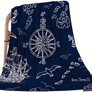 HGOD DESIGNS Pirate Adventures Throw Blanket,Marine and Nautical Elements Old Ships Compass Treasure Islands On Blue Soft Warm Decorative Throw Blanket for Bed Chair Couch Sofa 30"X40"