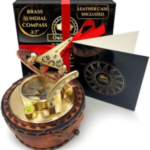 Brass Sundial Compass in Leather Case - Nautical Gifts for Men, Antique Sailing Anniversary Gadget for Him, Unusual Unique Nautical Decor, Naval Maritime Pocket Watch Clock (2.7" Inch)