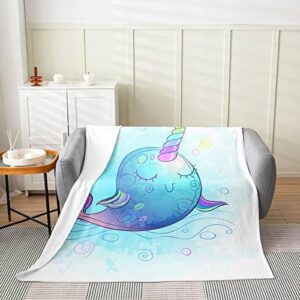 Cute Narwhal Fuzzy Blanket Throw for Kids Youth,Ranibow Unicorn Fleece Blanket Gifts for Girls,Cartoon Ocean Whale Throw Blanket Blue Tie Dye Flannel Plush Blanket Nautical Ocean Themed Bedroom Decor