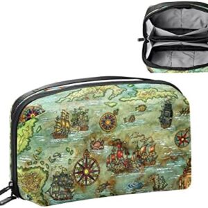 Electronics Organizer, Antique Retro Old World Map Nautical Compass Small Travel Cable Organizer Carrying Bag, Compact Tech Case Bag for Electronic Accessories, Cords, Charger, USB, Hard Drives