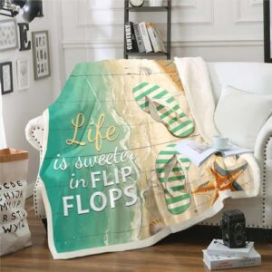 Erosebridal Hawaii Ocean Throw Blanket for Kids Boys Girls,Summer Beach Flip Flops Fleece Blanket Throw 50x60 inch,Coastal Starfish Sherpa Plush Blanket,Nautical Sea Fuzzy Blanket for Living Room