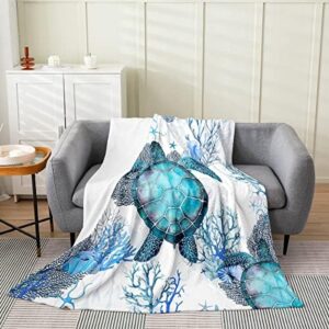 Blue Tortoise Blanket Queen Size, Sea Turtle Reptile Throw Blanket For Home Bed Sofa, Coastal Nautical Marine Life Fleece Blanket, Underwater World Fuzzy Blanket, All Season Lightweight Blanket