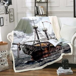 Sailboat Sherpa Blanket Nautical Fleece Blanket Sailing Ship Blanket Throw For Kids Boys Girls Wooden Boat Pirate Yacht Adventure Theme Fuzzy Blanket Bedroom Decor Sofa Decor Throw 50"x60"