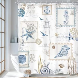 KOMLLEX Vintage Nautical Coastal Shower Curtain for Bathroom Decor 60Wx72H Inches Ocean Beach Starfish Seashell Conch Seahorse Retro Lighthouse Coral Blue Fabric Waterproof Polyester 12 Pack Hooks