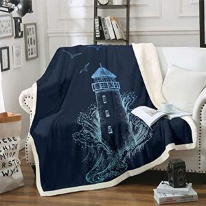 Nautical Lighthouse Fleece Blanket, Sea Wave Splash Spray Flying Birds Ocean Navigation Theme Hand Drawn Sherpa Blanket,Decorative Sofa Blanket Throw Lightweight, Throw 50"x60", Blue Black