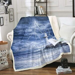 Erosebridal Lighthouse Flannel Blanket Nautical Sherpa Blanket Lightning Fleece Blanket Surfing Sea Wave Ocean Throw Blanket for Living Room Bedroom Guest Room Decorative, Blue Trendy Throw