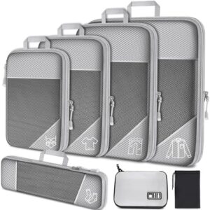 NiHome 7PCS Compression Packing Cube Set Expandable Mesh Travel Bags Luggage Organizers with Electronic Cable Cord Charger Organizer Drawstring Bag for Trip Home Storage Travel Gear Accessories (Grey)