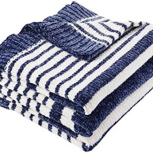 BATTILO HOME Navy and White Throw Blanket for Couch, Navy Throw Blanket, Super Soft Cozy Chenille Knit Throw Blanket for Chair, Sofa, Bed, 51"x67"