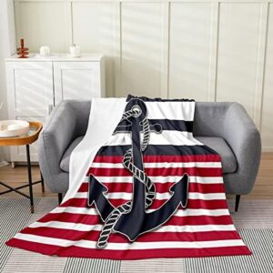 Feelyou Anchor Decor Flannel Fleece Blanket Nautical Themed Ocean Plush Throw Blanket, for Boys Girls Coastal Sea Adventure Duvet Navigation Blue Red Stripe Cover Room Decor Throw 50"x60"