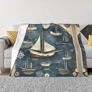 Flannel Fleece Blanket, Nautical Sailboat Map Print Soft and Warm Throw Blanket, for Couch, Bed, and Outdoors