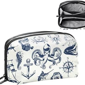 Electronics Organizer, Vintage Ocean Octopus Nautical Small Travel Cable Organizer Carrying Bag, Compact Tech Case Bag for Electronic Accessories, Cords, Charger, USB, Hard Drives