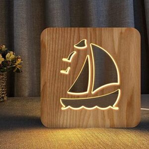 Sailboat Wooden Carving Night Light Warm White LED Bedside Table Lamp for Home Room Party Decoration, Creative Nautical Gifts for Men Women Friends Ocean Lovers