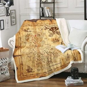 Nautical Island Map Sherpa Blanket Kids Vintage Old Map Pirate Ship Fleece Throw Blanket Ocean Ancient Pirate Skull Fuzzy Blanket for Sofa Bed Couch Decor,40x50 Inches