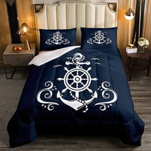 Erosebridal Nautical Anchor Bedding Set, Ocean Sailboat Navy Blue Down Comforter Queen Size, Coastal Compass Comforter Set, Blue Ocean Theme Duvet Insert Bedroom Decor
