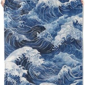 Japanese Wave Throw Blanket Gifts, Soft Cozy Fleece Blanket with Blue Ocean Wave Print, Blanket for Couch Bed Sofa, Perfect for Nautical Decor and Art Lovers, 50x60 in