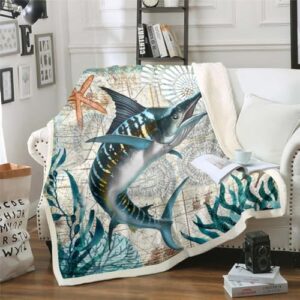 Erosebridal Teal Fleece Blanket 60"x80" Ocean Decor,Marlin Swordfish Throw Blanket Nautical Sea Animal Blanket Underwater World Marine Life Flannel Blanket Retro Sailboat Ocean Sofa Decor