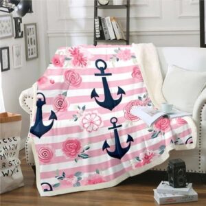 Erosebridal Anchor Throw Blanket Twin Nautical Themed Blanket,Girls Chic Pink Rose Sherpa Blanket Floral Flower Fleece Blanket Aesthetic Geometric Stripes Bed Blanket,Cozy