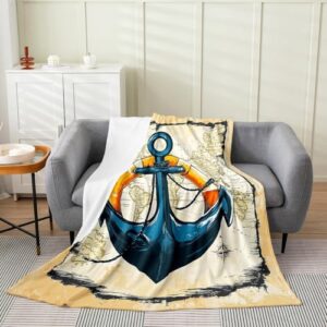 Erosebridal Nautical Anchor Blanket Baby 30x40, Vintage Sail Throw Blanket for Kids Boys Girls, Sailboat Navy Retro Microfiber Fleece Blanket for Sofa, Map Sea Ocean Theme All Seasons Fuzzy Blanket