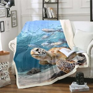 Sea Turtle Blanket Coastal Beach Ocean Throw Blanket,Nautical Marine Creature Underwater Animals Fleece Blanket Sofa Couch Decor,Hawaiian Tropical Sealife Fish Reptile Turtle Sherpa Blanket 90"x90"