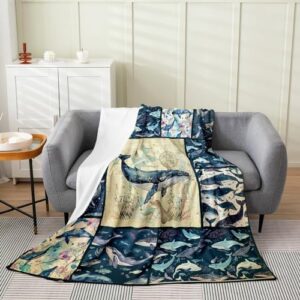 Erosebridal Whale Fleece Blanket Queen Size, Retro Nautical Theme Throw Blanket for Bed Sofa, Marine Life Flannel Blanket, Coastal 3D Whales Plush Blanket Sea Animals Fuzzy Blanket Ocean Park Theme
