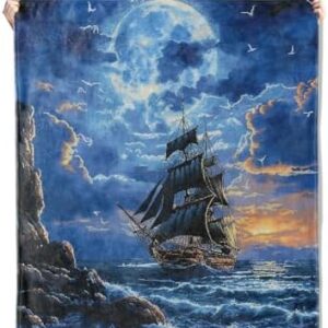 Moonlit Ship Throw Blanket Gifts, Soft Cozy Fleece Blanket with Sailing Ship and Moon Print, Blanket for Couch Bed Sofa, Perfect for Nautical Decor and Ocean Lovers, 50x60 in