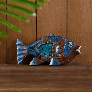 AEVVV Handcrafted Marine Fish Wall Decor, Albezia Wood & Glass, 3.9" Blue Oceanic Ornament