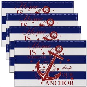 Navy Blue White Placemats 12x18 Pack of 4, Red Nautical Anchor Place Mats, Geometric Striped Stars Waterproof Placemats, Coastal Ocean Adventure Theme Table Mats, Vintage Style Wipeable Placemats