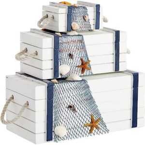 Nautical Box Set, Beach Theme Wooden Jewelry Boxes for Ocean Decor (3 Sizes)