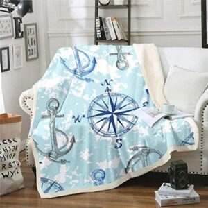 Anchor Decor Sherpa Blanket Nautical Compass Blanket for Bed Couch Travel Sofa Ocean Marine Themed Fleece Throw Blanket Kids Adults Soft and Cozy Sea Adventure Plush Fuzzy BlanketThrow 50"x60"