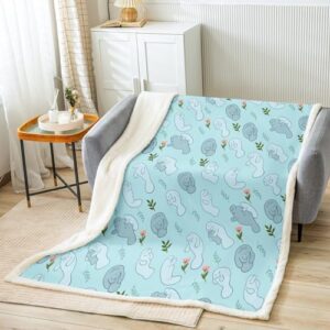 Manatee Sherpa Blanket Twin 60"x80" Cute Marine Animals Fleece Throw Blanket for Bed Sofa Couch Marine Life Sea Plush Blanket Ultra Soft Nautical Blue Fuzzy Blanket