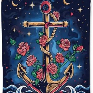 Nautical Anchor Rose Blanket 50"x60", Ocean and Marine Theme Plush Blankets, Ideal for Home Decor, Couch, Bed, Travel, for Adults and Kids, Navy Blue