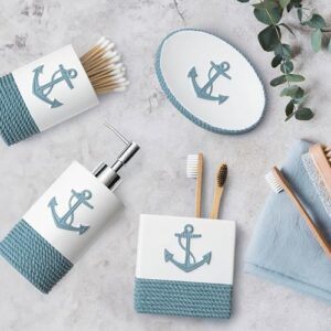 Tide and Tales Nautical Bathroom Decor 4 Piece Bathroom Accessories Set | Rope and Anchor Bathroom Decor with Ocean and Sea Theme | Coastal Bathroom Soap Dispenser Set | Beach Bathroom Decor